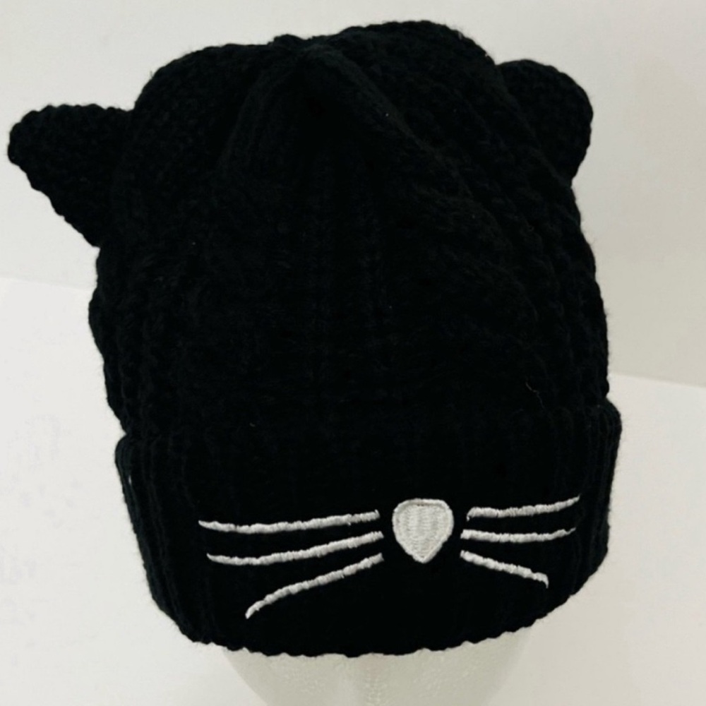 New Black Cat Embroidery Stretchy Knit Hat Beanie Cap Unisex One Size Fits Most - Picture 4 of 6